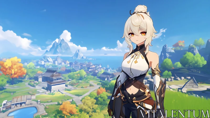 Anime heroine in ornate combat attire over coastal village