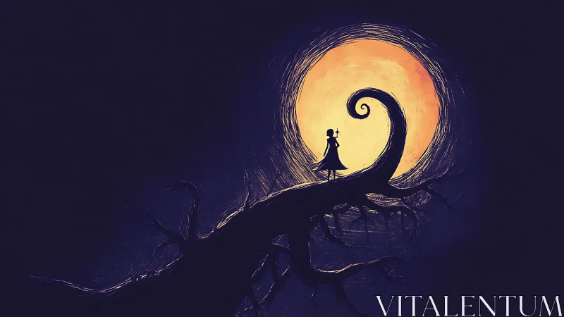 Silhouetted girl on spiral bough against oversized lunar disc.