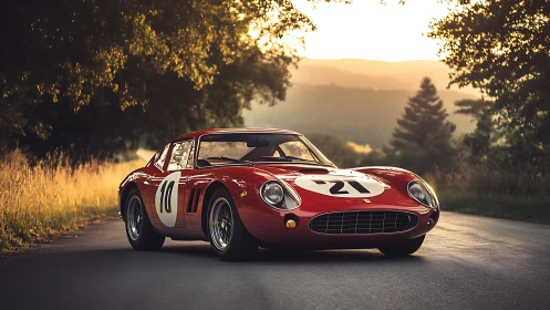 Vintage red race car is parked on a rural road at sunset
