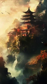 Mountain temples drift through mist while sunrise ignites cliffs