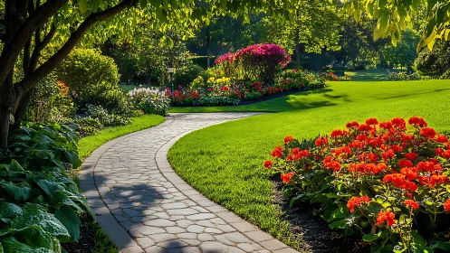 Curved garden path through bright flower beds at sunrise.