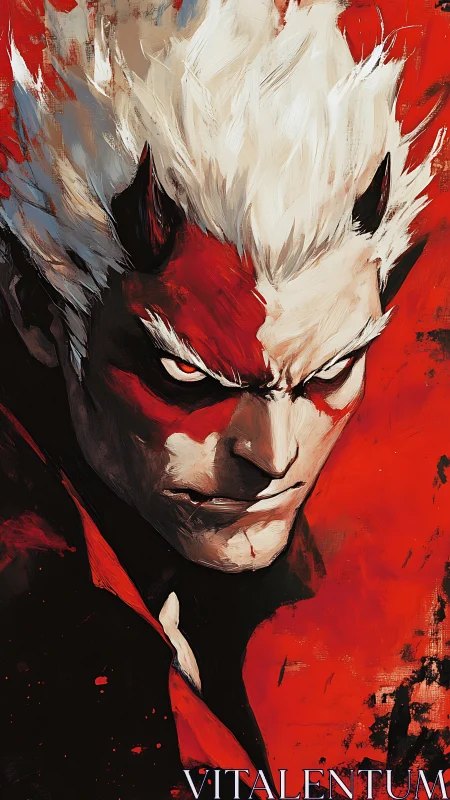 Horned white-haired figure in red and black portrait illustration.