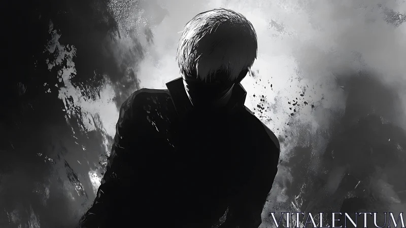 Shadowed figure emerges in stark monochrome misty void.