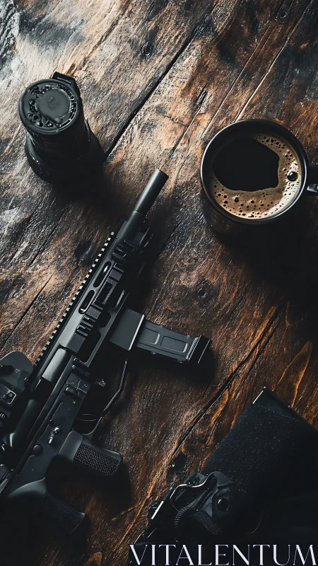 Tactical carbine, coffee cup and lens arranged on distressed wood