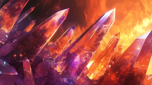 Volumetric-lit prismatic lava crystals under radiant plasma sky.