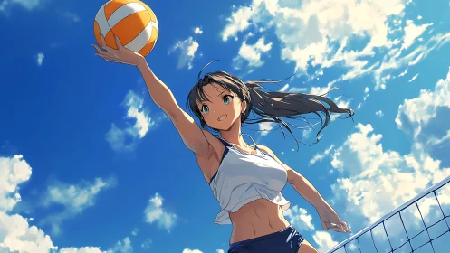 Anime volleyball player reaching for ball under blue sky.