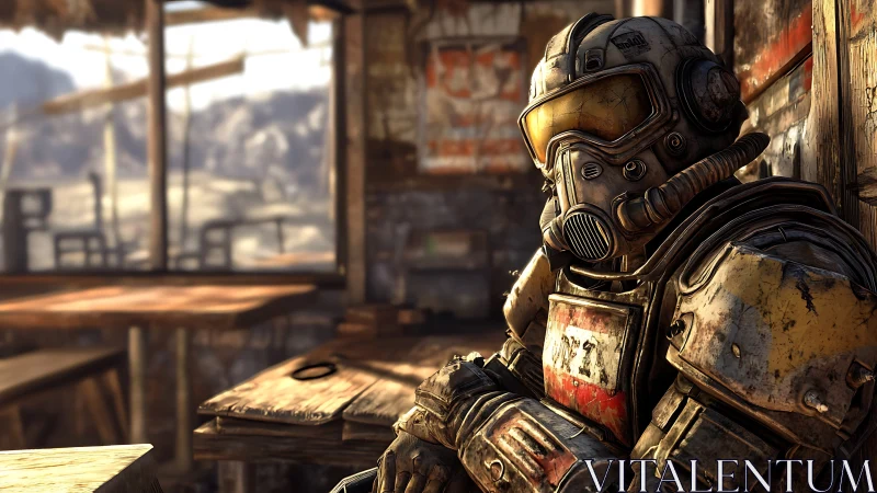 Armored wanderer rests in a sunlit post apocalyptic outpost