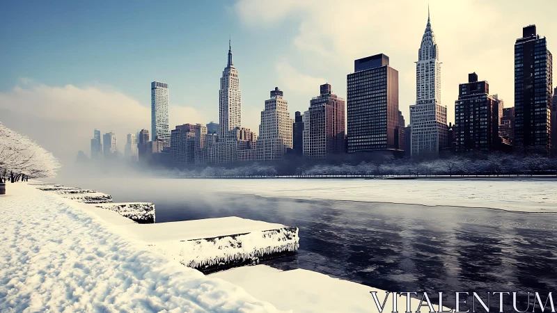 Snow covered urban riverfront with dense winter skyline.