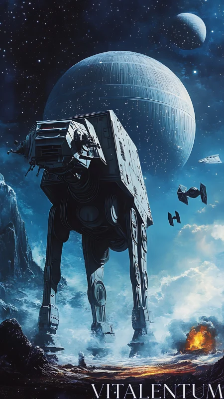 Majestic walker strides across a frozen, star-lit battlefield.