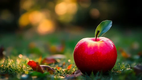 Photorealistic autumn orchard apple with shallow depth of field.