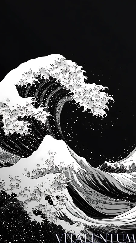 Monochrome stylized ocean wave against stark dark sky.
