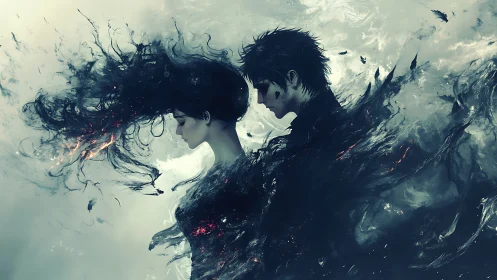 Two Figures Dissolving into Ethereal Chaos.