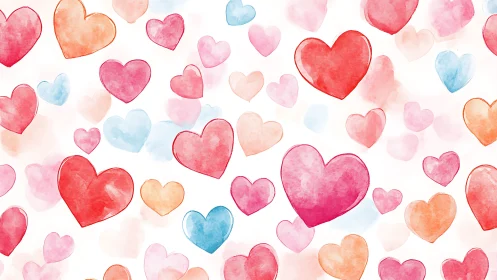 Watercolor hearts pattern in pink, red, and pastel tones.