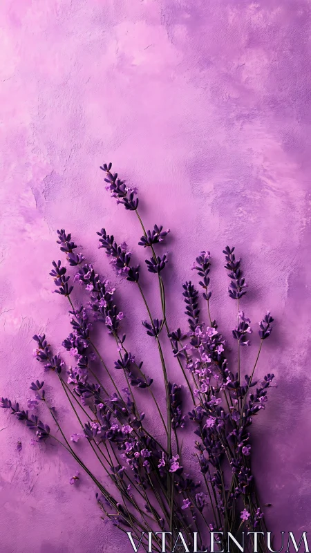 Lavender Stems Against Monochromatic Purple Textured Wall