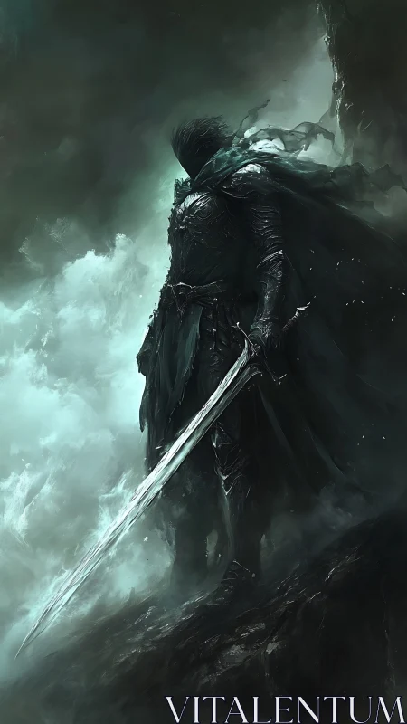 Shadow-clad knight with greatsword in storm-lit abyssal mist.