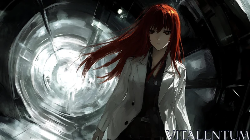Red-haired scientist strides through a glowing time portal