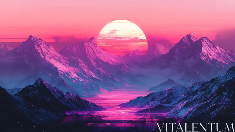 Neon dusk mountain vista in vaporwave digital painting style.