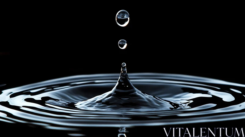 Water droplet impact forming ripples on dark surface.