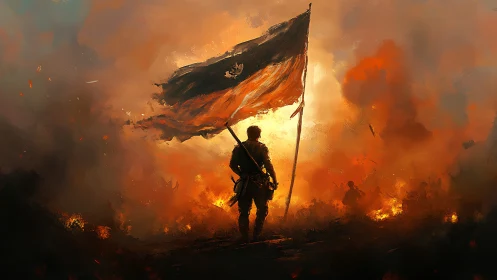 Solitary warrior bearing torn banner amid burning battlefield