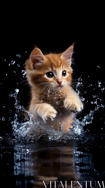 Kitten leaping through water splash against black background.