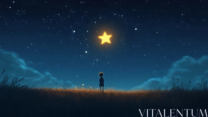 Starlit child quietly watches a glowing star drift above