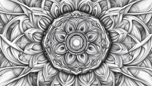 Calming monochrome mandala of layered flowing shapes.