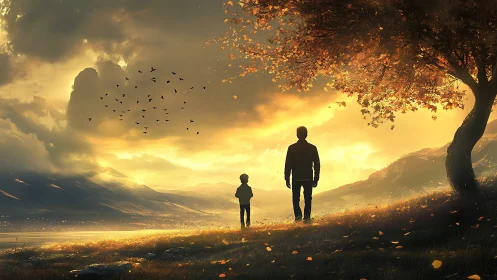 Golden valley sunset with father and child silhouettes.