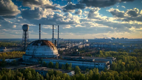 Rusting nuclear dome overlooks dense industrial sprawl