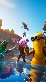 Cartoon combat avatars in stylized waterfront battle arena