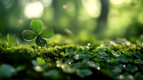 Sunlit clover leaf rises sharply from soft forest moss