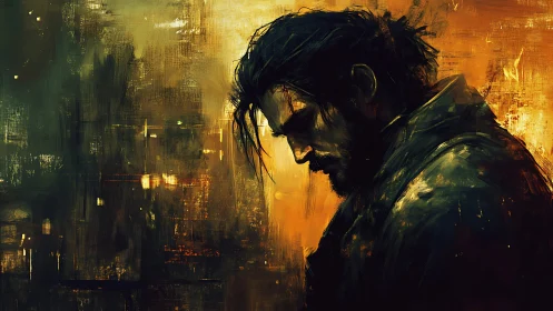 Brooding wanderer haloed in ember-stained twilight sorrow.