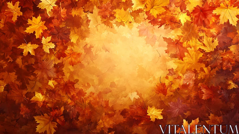 Digital painting of luminous autumn maple leaf canopy.