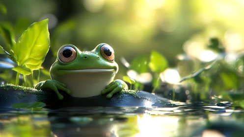 Cartoon green frog rests on mossy rock in shallow water