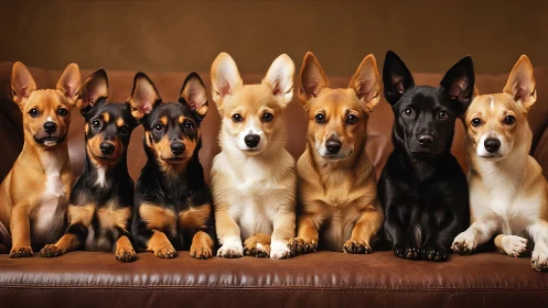 Couch council of big-eared puppies plotting gentle chaos.