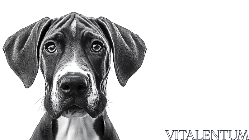 Monochrome Great Dane puppy portrait on high key white field