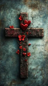 Rustic cross with crimson hearts and flowers glows softly