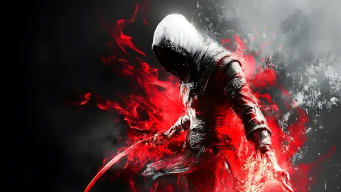 Hooded figure with red energy forms against dark ground.