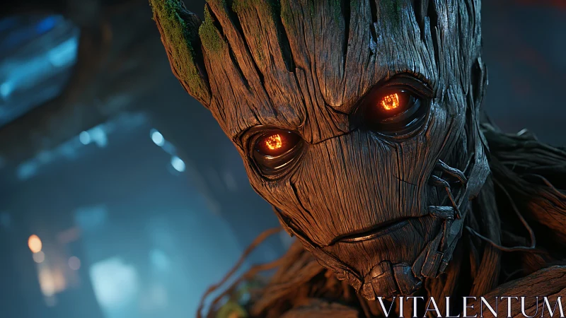 Gentle tree guardian with glowing ember eyes leans close.