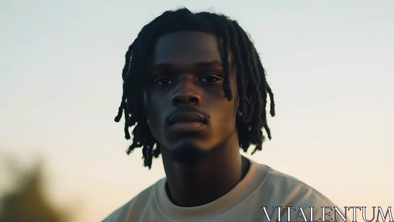 Young man gazes into soft sunset light with calm resolve