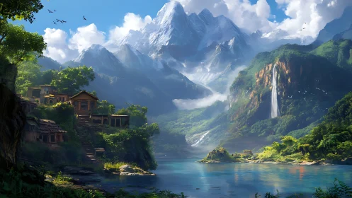 Mountain lacustrine village with terraced dwellings and waterfall.