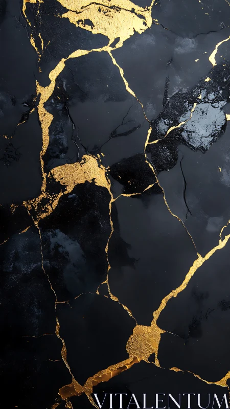 Golden fractures veining through deep black marble surface.