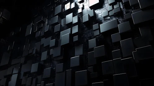 Abstract dark 3D cubes floating in geometric digital space.