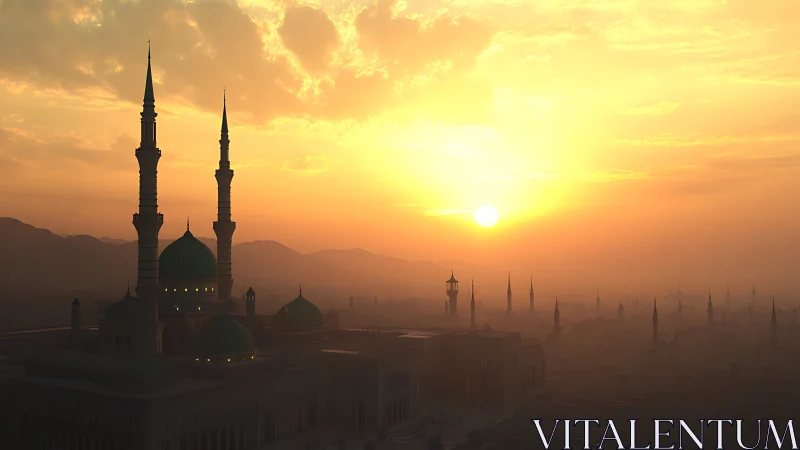 Golden sunrise over peaceful city skyline and tall minarets.