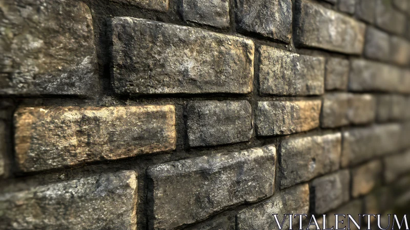 Weathered stone brick wall in shallow focus perspective.