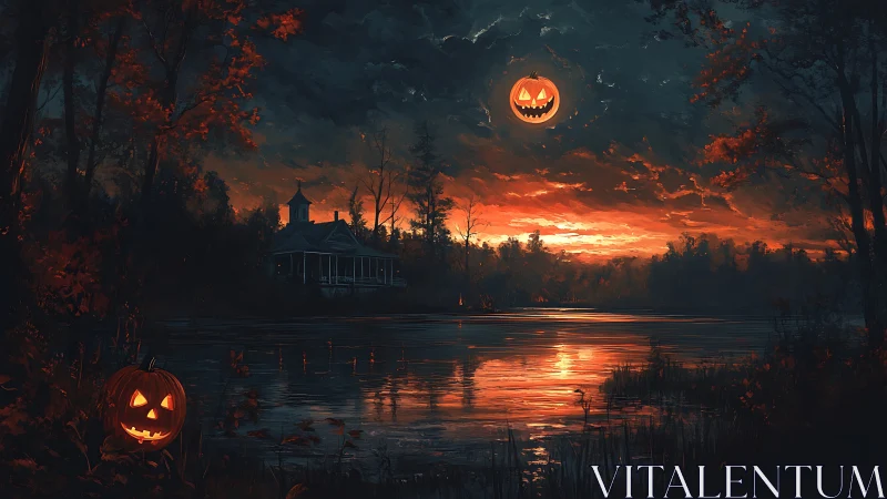 Halloween jack-o-lantern moon above eerie lakeside house.