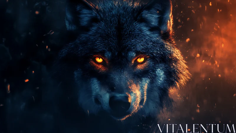 Digitally rendered wolf portrait with contrasting fire tones.