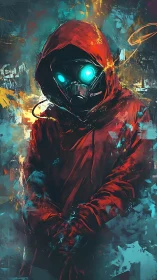 Hooded cyber renegade stands amid neon chaos and sparks.