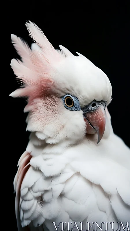 Photorealistic portrait of white cockatoo on black ground.