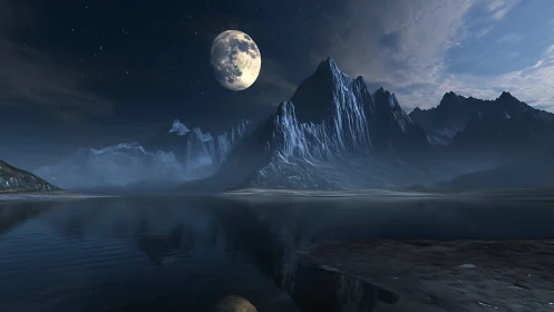 Moonlit mountain lake wrapped in calm midnight magic.