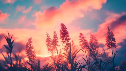 Silhouetted wildflower stalks under pink and blue sky.